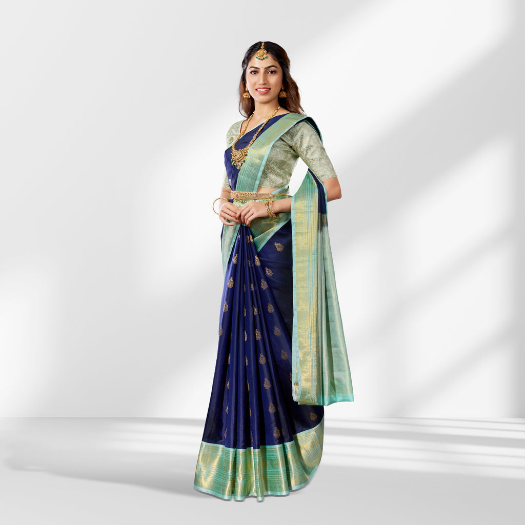 Blue Kanchipuram Silk Saree with Green Border, Pure Zari Peacock Motifs