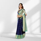 Blue Kanchipuram Silk Saree with Green Border, Pure Zari Peacock Motifs