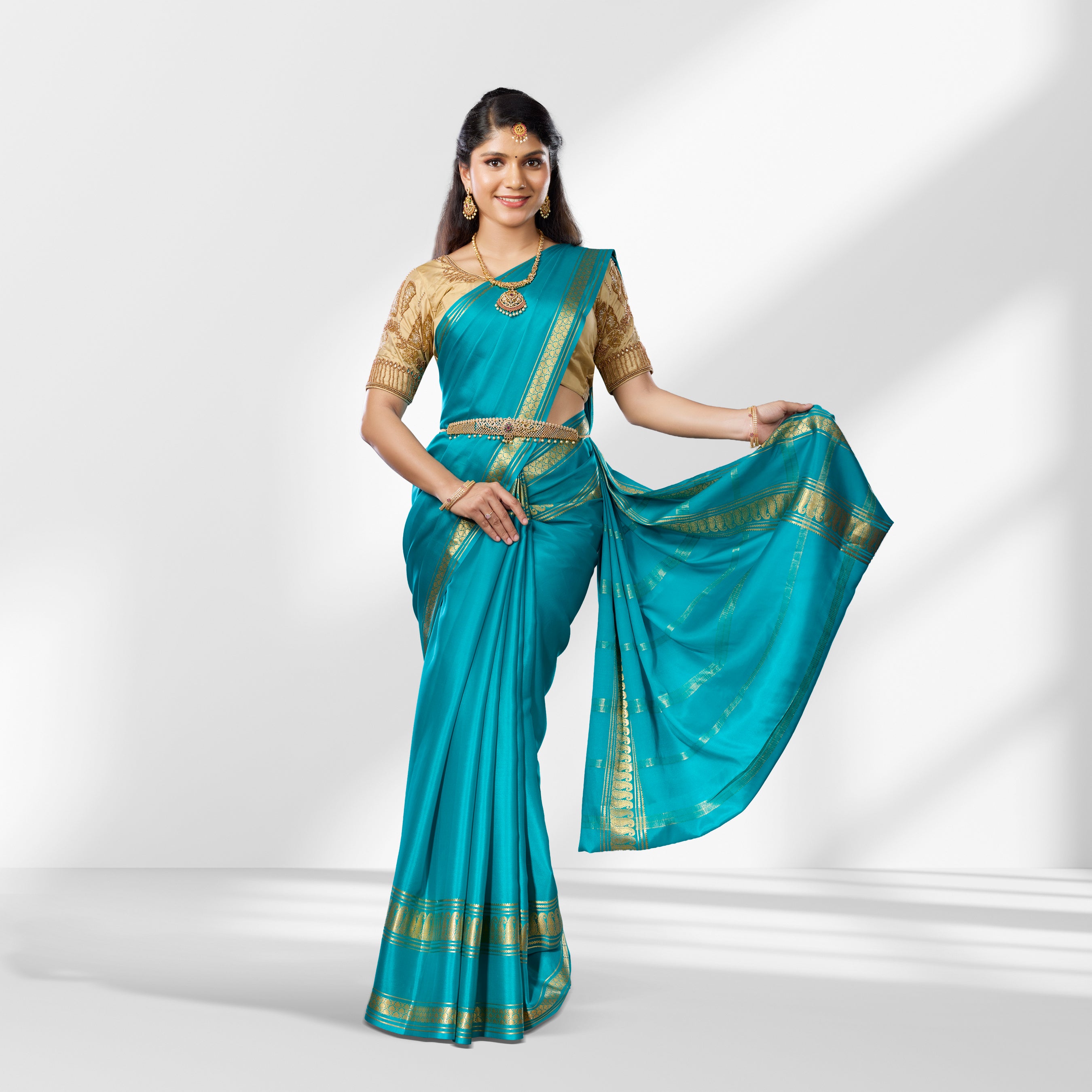 Mysore Silk Teal Blue Saree with Classic Gold Zari Border