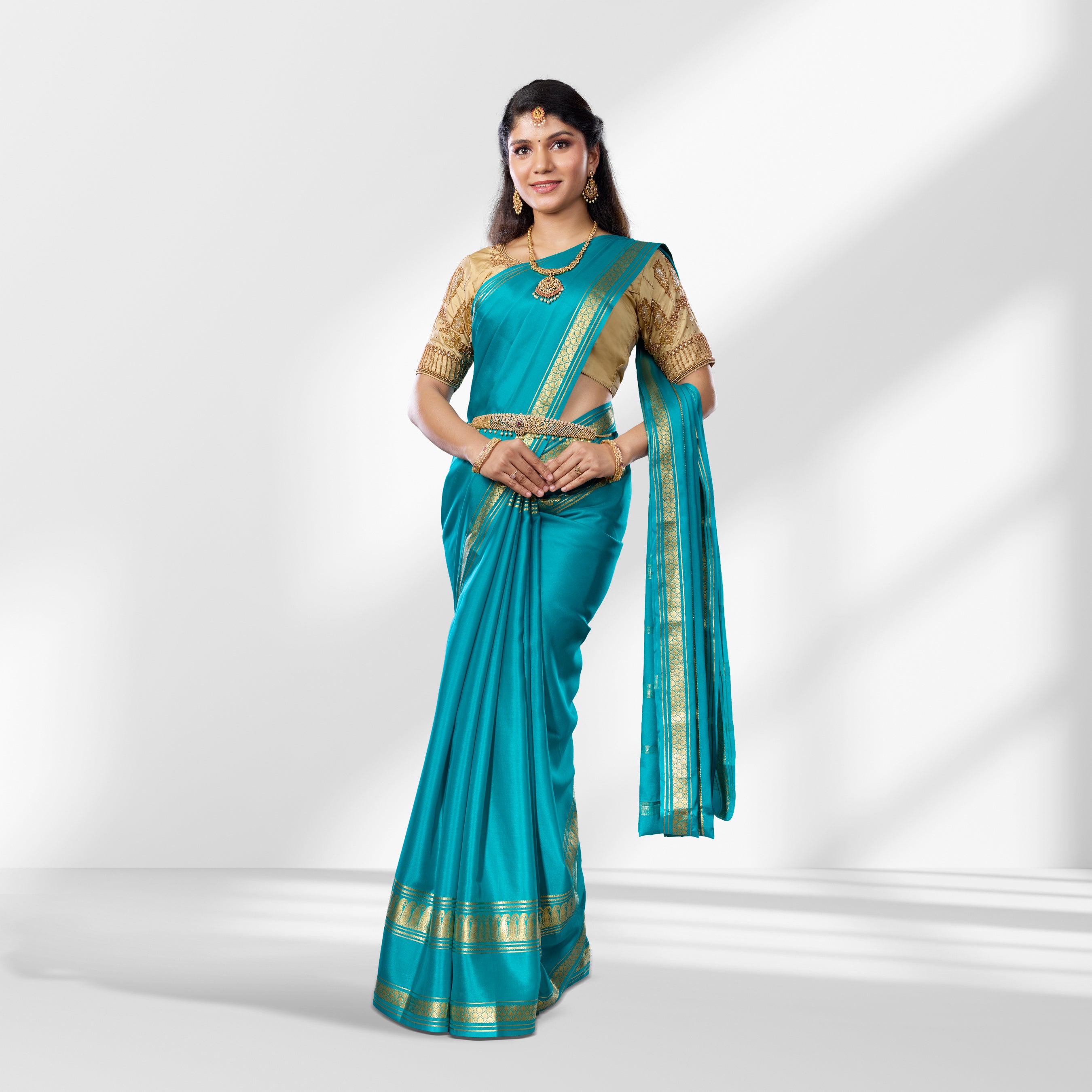 Blue & Gold Mysore Pure Silk Saree with Zari Bentex Border