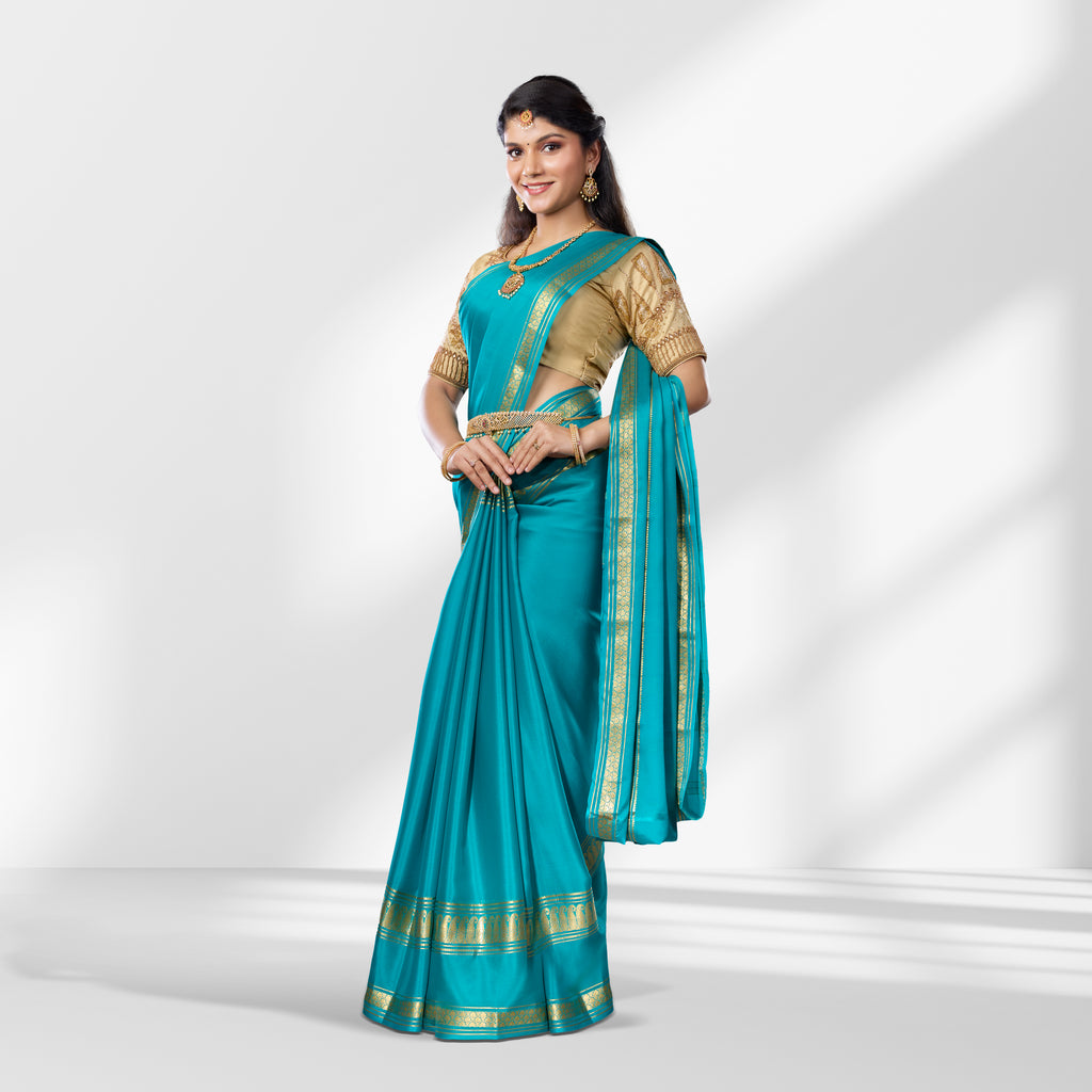 Blue & Gold Mysore Pure Silk Saree with Zari Bentex Border
