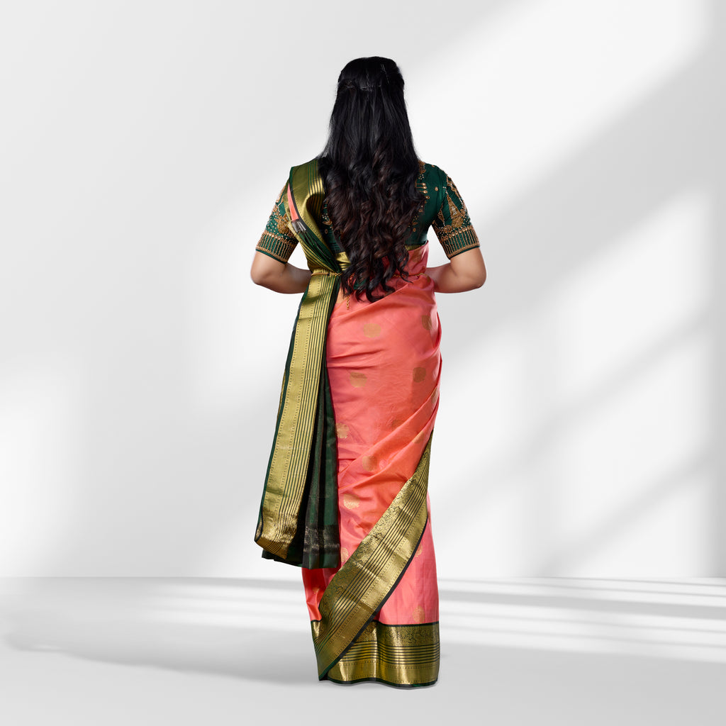 Peach Pink and Bottle Green Kanchipuram Silk Saree with Rich Zari Border