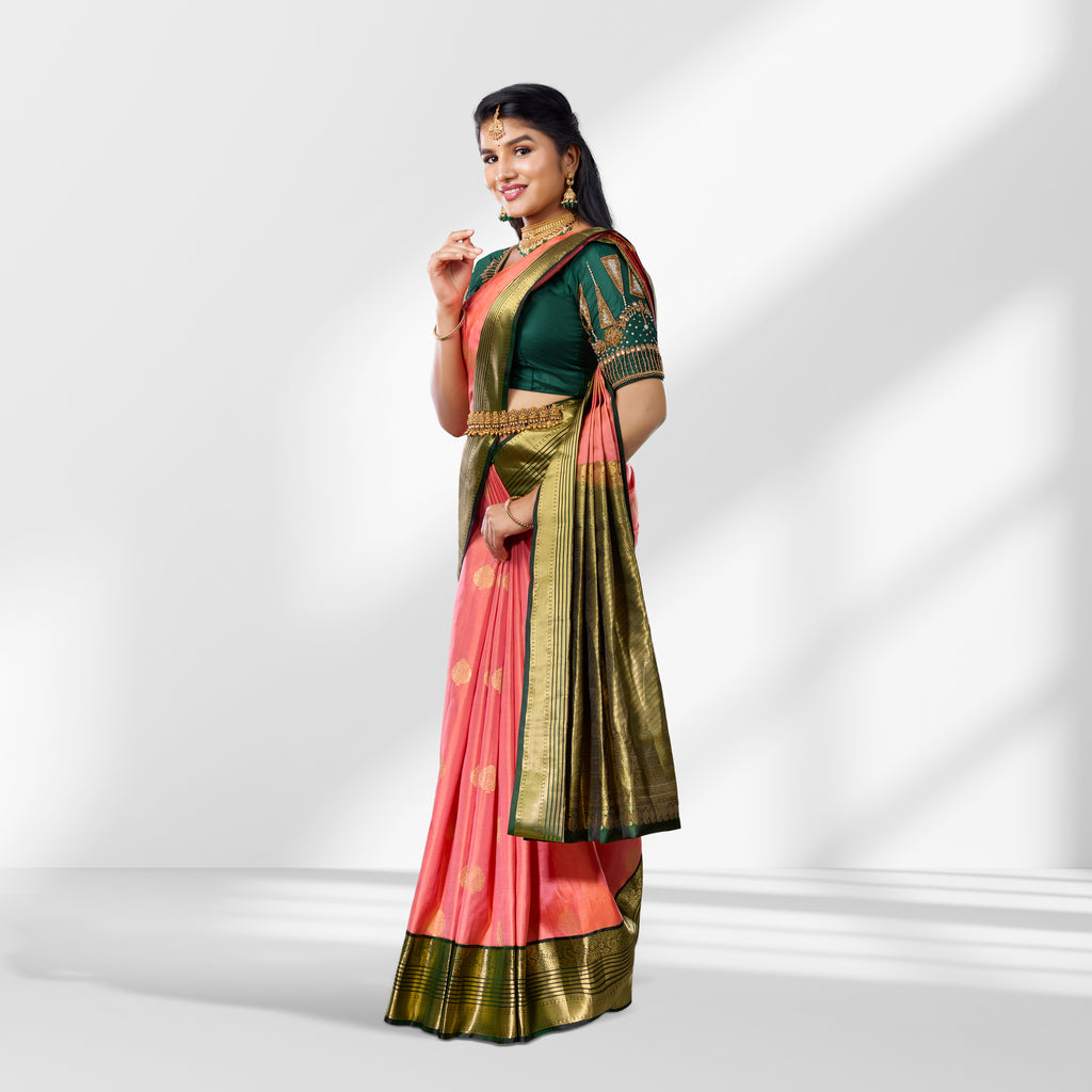 Peach Pink and Bottle Green Kanchipuram Silk Saree with Rich Zari Border