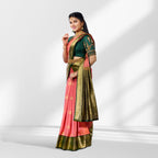 Peach Pink and Bottle Green Kanchipuram Silk Saree with Rich Zari Border