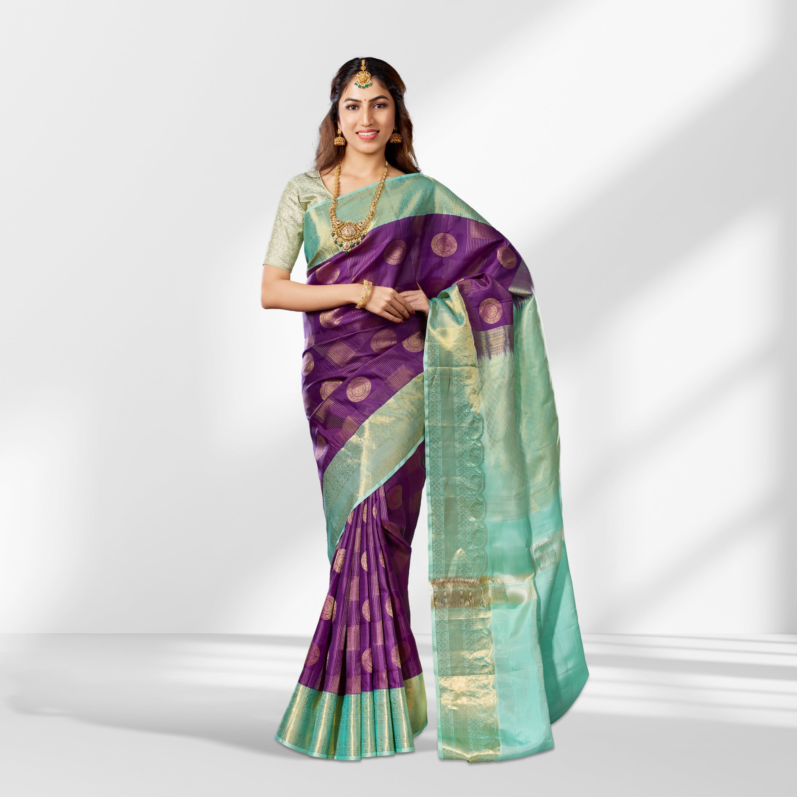 Royal Purple & Mint Green Kanchipuram Silk Saree