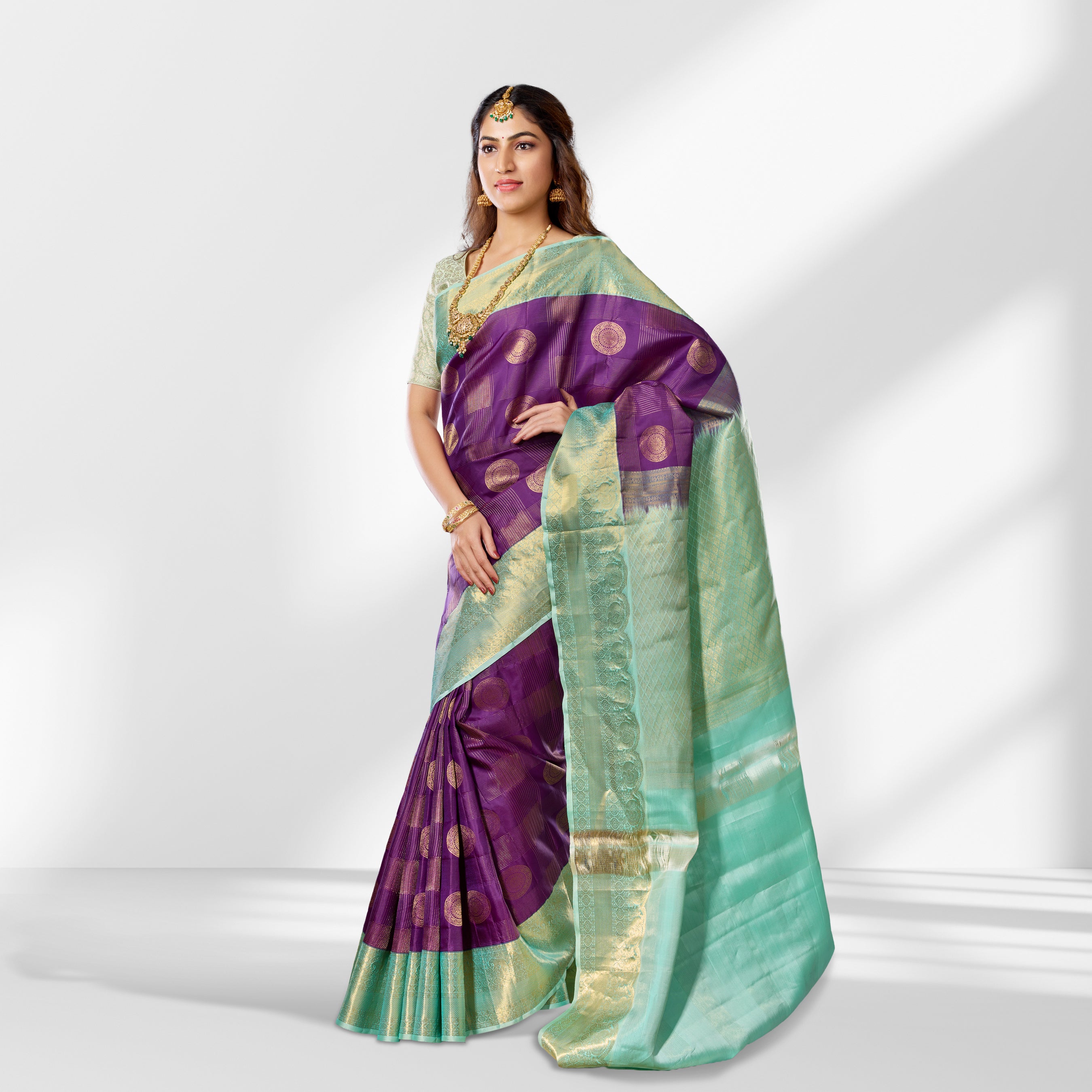 Royal Purple & Mint Green Kanchipuram Silk Saree