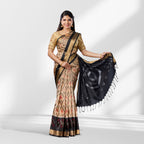 Beige and Black Pochampally Soft Silk Saree with Ikat Pattern and Zari Border