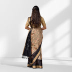 Beige and Black Pochampally Soft Silk Saree with Ikat Pattern and Zari Border