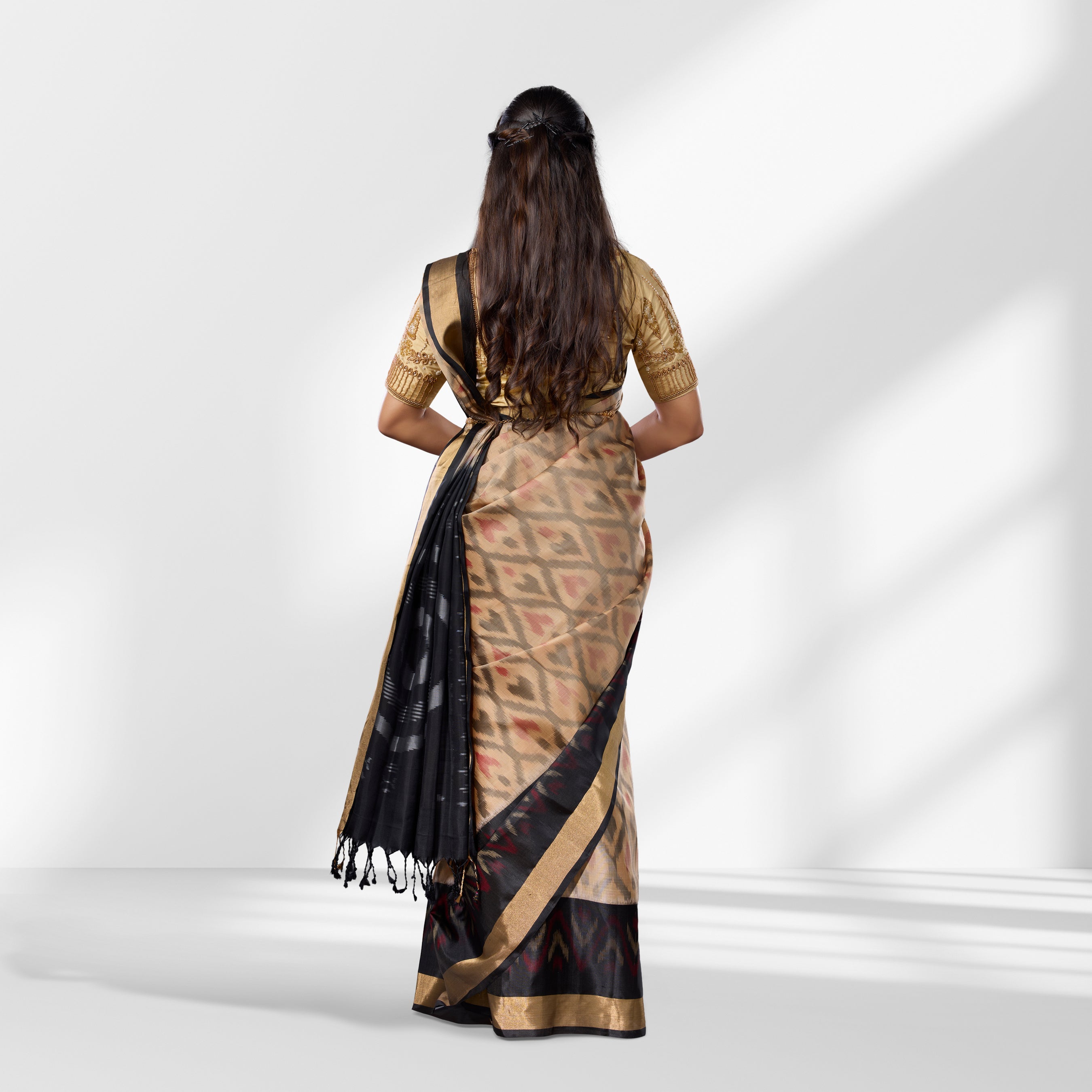 Beige and Black Pochampally Soft Silk Saree with Ikat Pattern and Zari Border