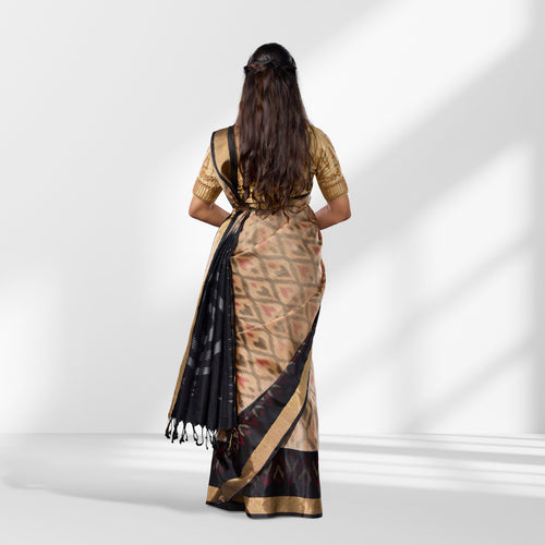 Beige and Black Pochampally Soft Silk Saree with Ikat Pattern and Zari Border