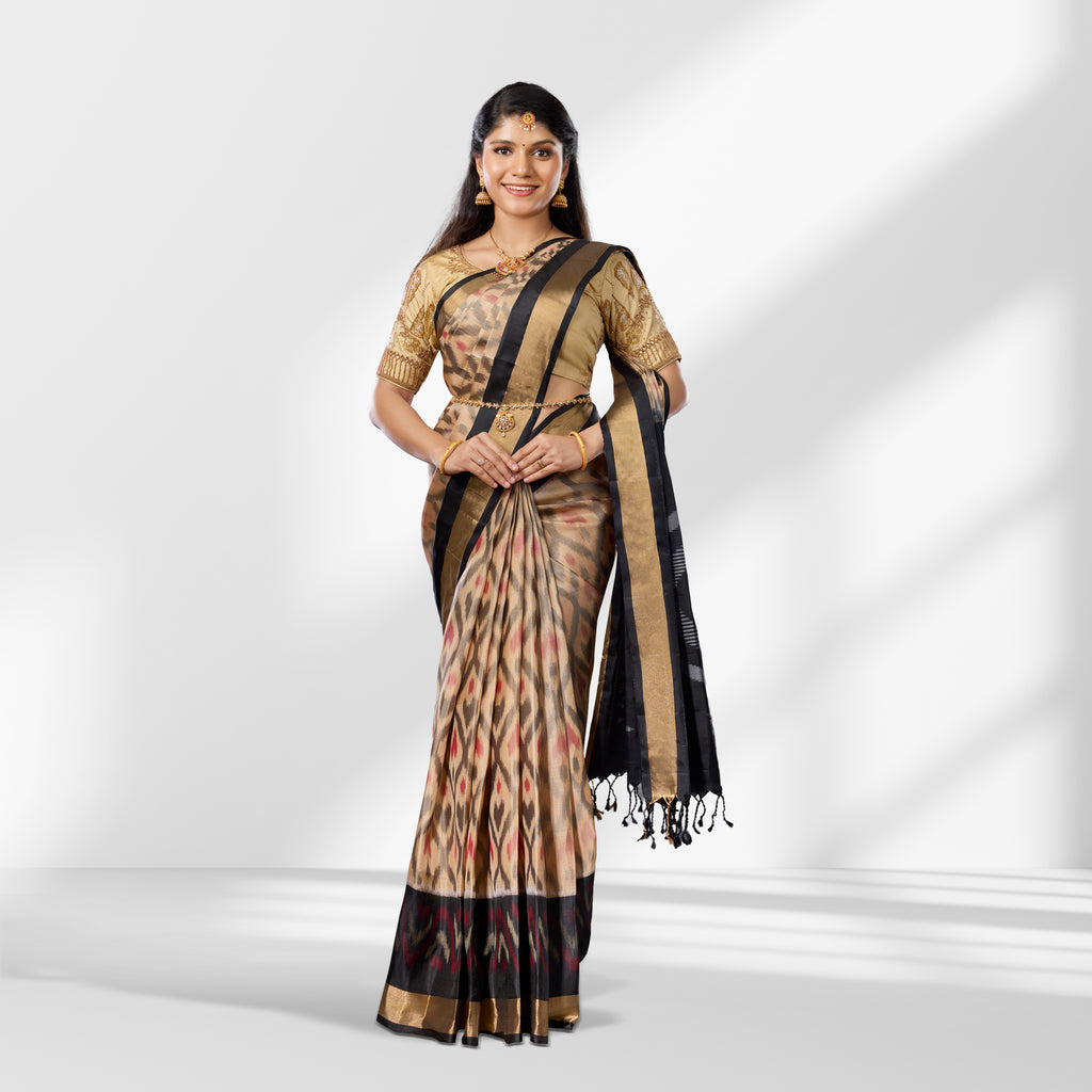 Beige and Black Pochampally Soft Silk Saree with Ikat Pattern and Zari Border