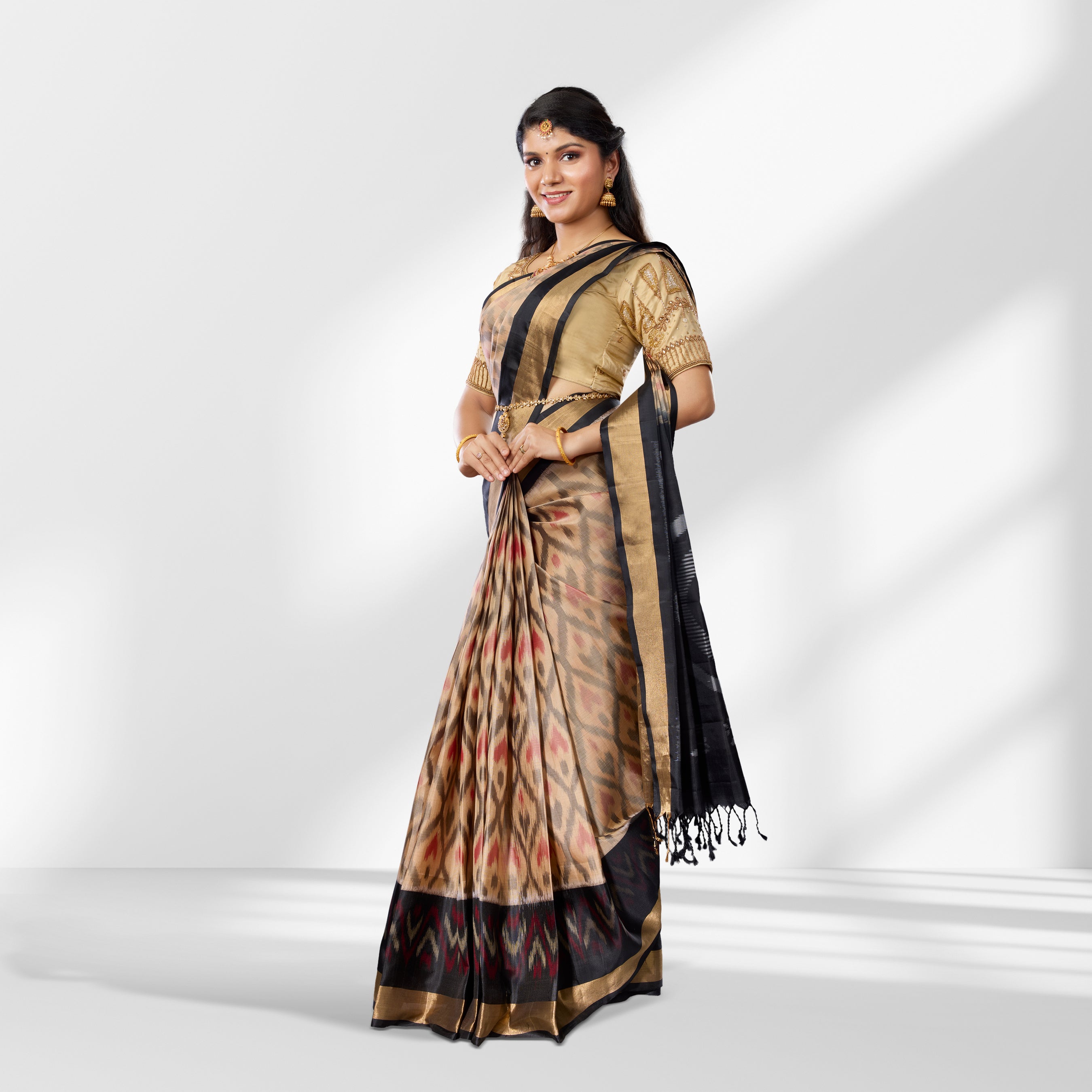 Beige and Black Pochampally Soft Silk Saree with Ikat Pattern and Zari Border