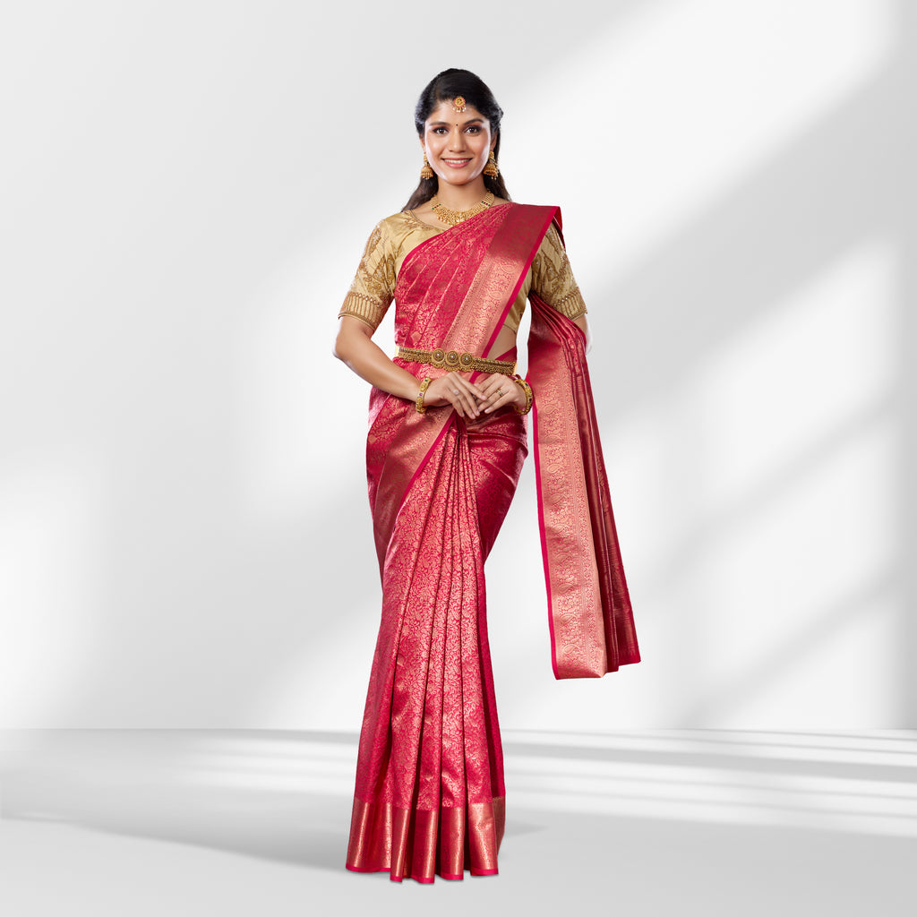 Rani Pink Pure Kanchipuram Silk Saree with Rich Zari Weaving and Traditional Border