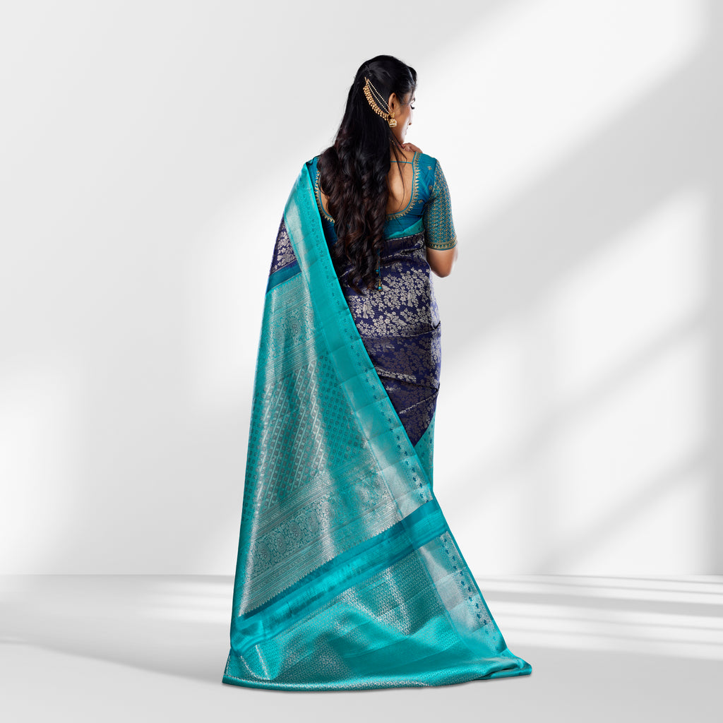 Elegant Navy Blue & Teal Kanchipuram Silk Saree