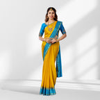Mysore Silk Mustard Yellow & Sky Blue Contrast Saree with Zari Border