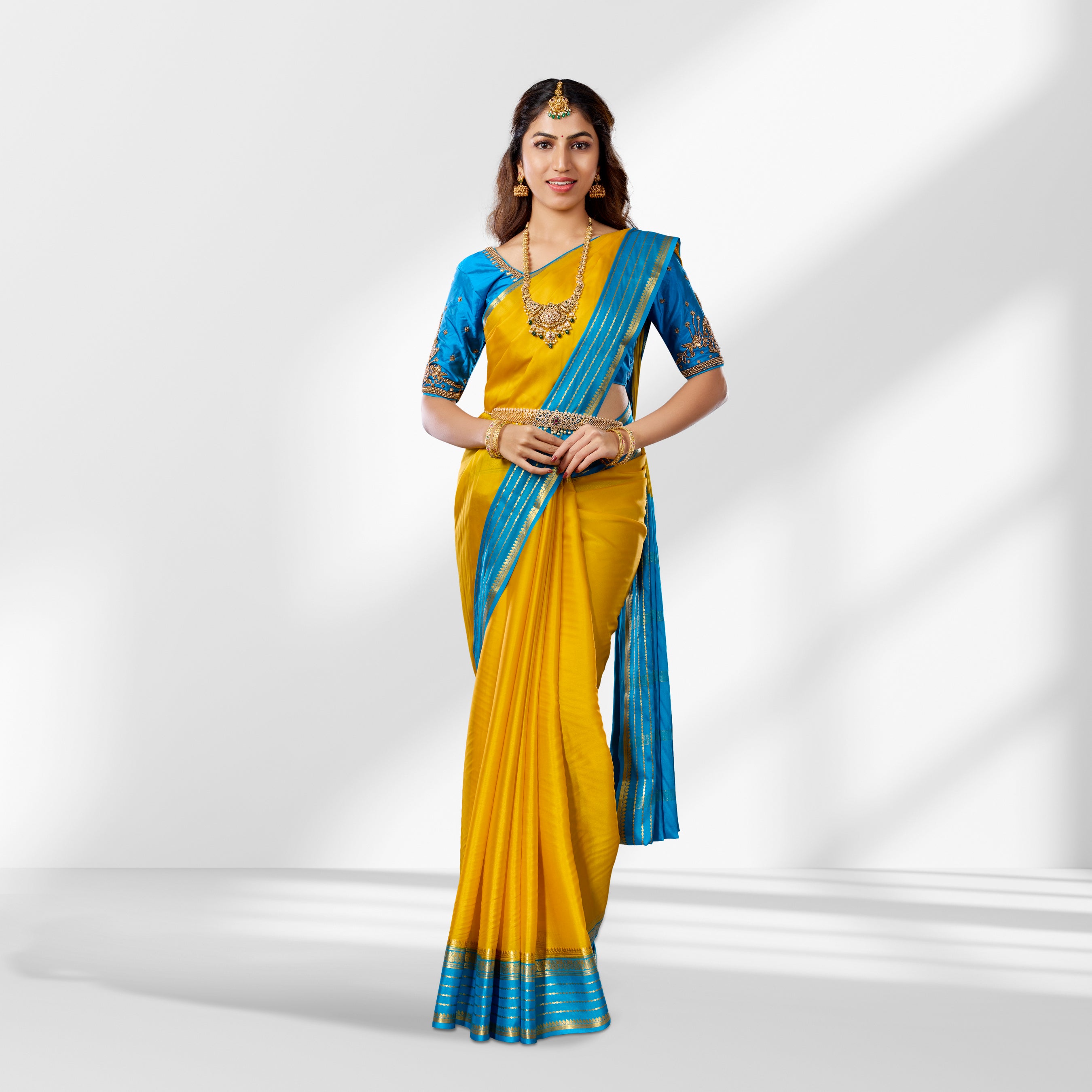 Mysore Silk Mustard Yellow & Sky Blue Contrast Saree with Zari Border