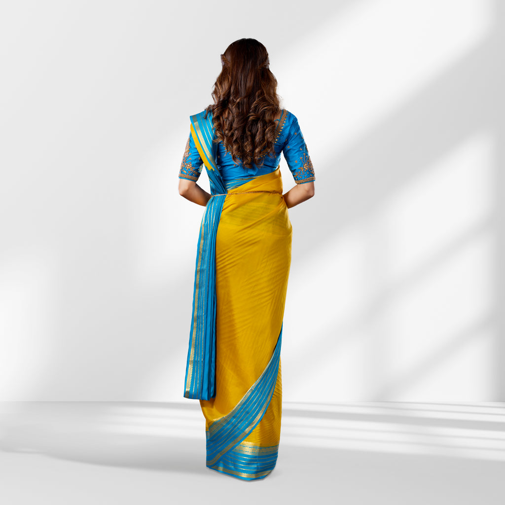 Mysore Silk Mustard Yellow & Sky Blue Contrast Saree with Zari Border