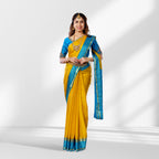Mysore Silk Mustard Yellow & Sky Blue Contrast Saree with Zari Border