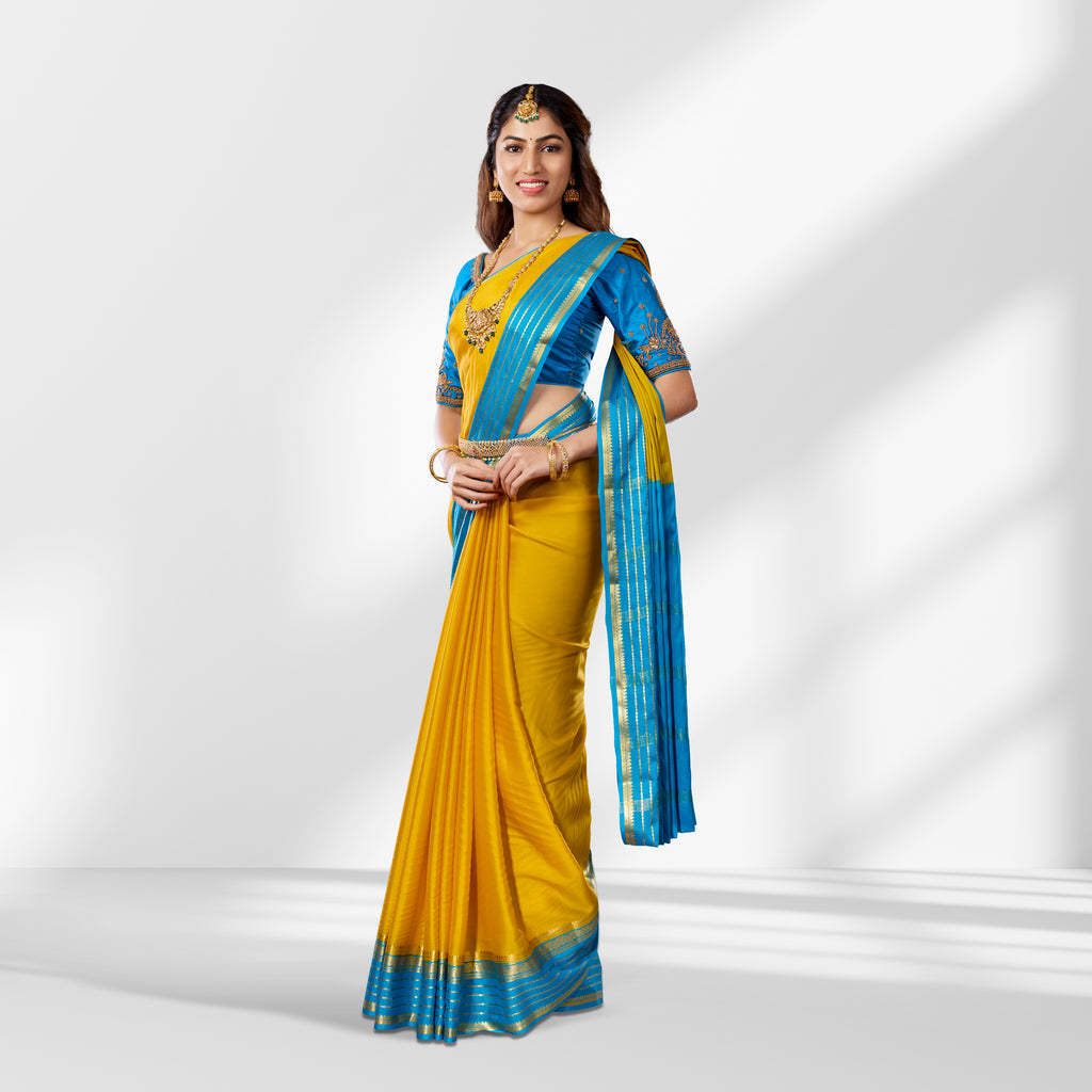 Mysore Silk Mustard Yellow & Sky Blue Contrast Saree with Zari Border
