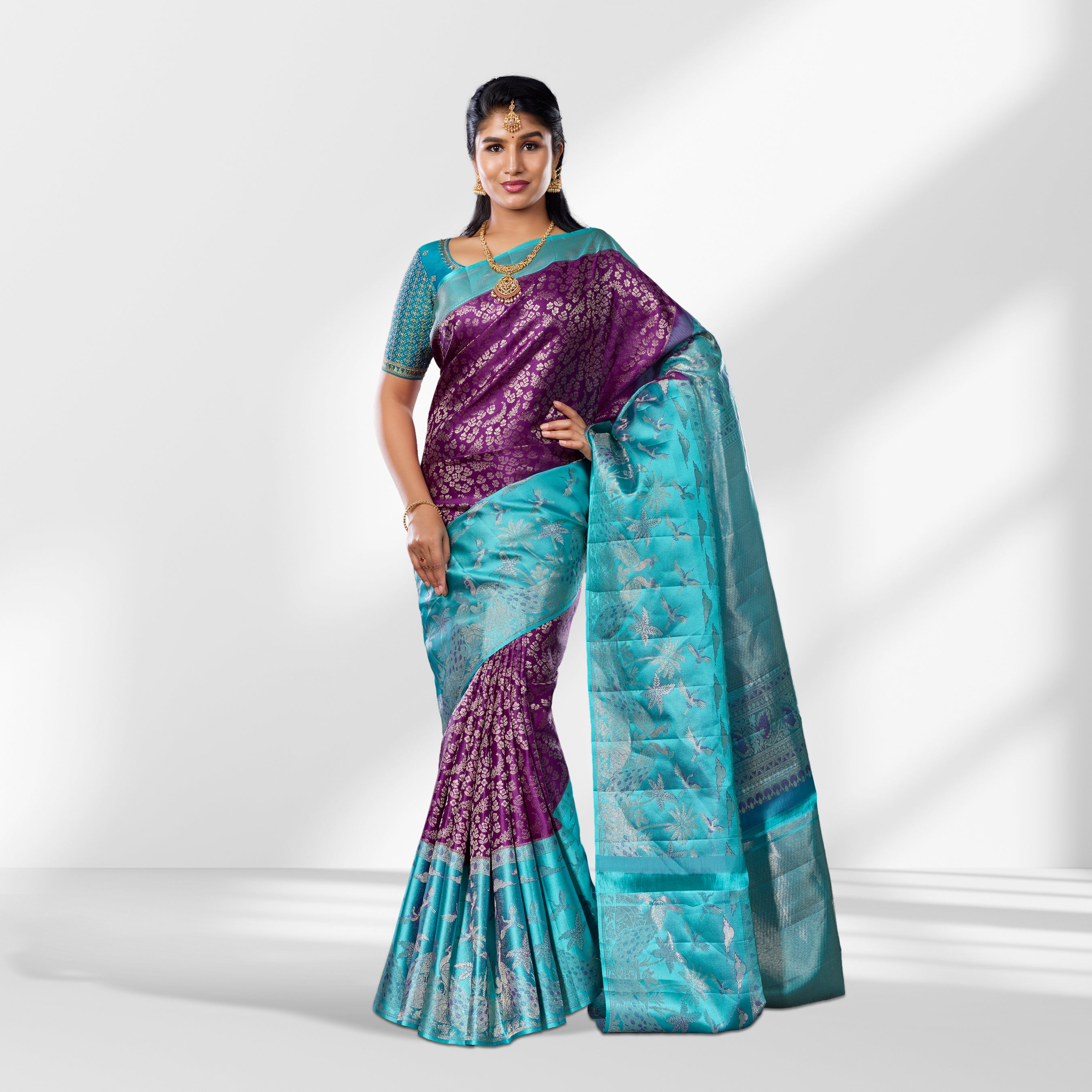 Regal Purple & Aqua Blue Kanchipuram Silk Saree