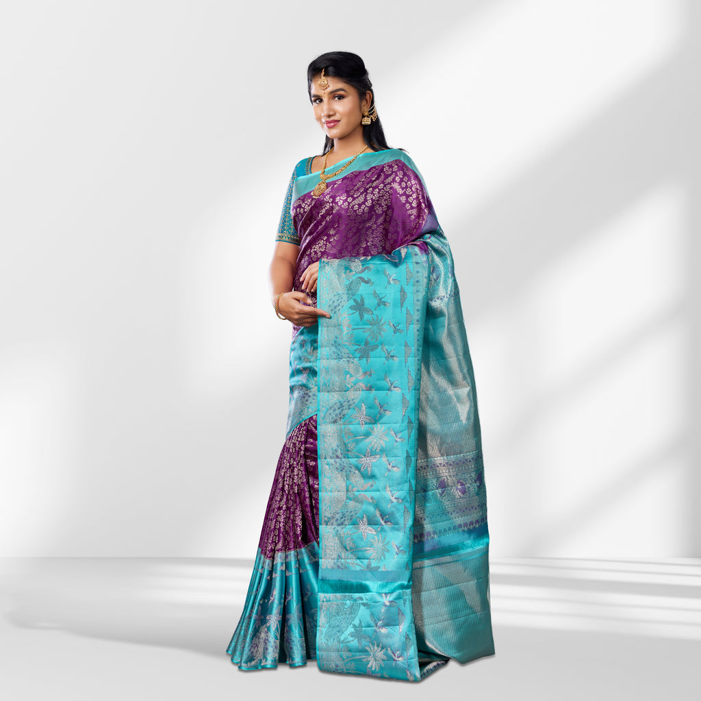 Regal Purple & Aqua Blue Kanchipuram Silk Saree