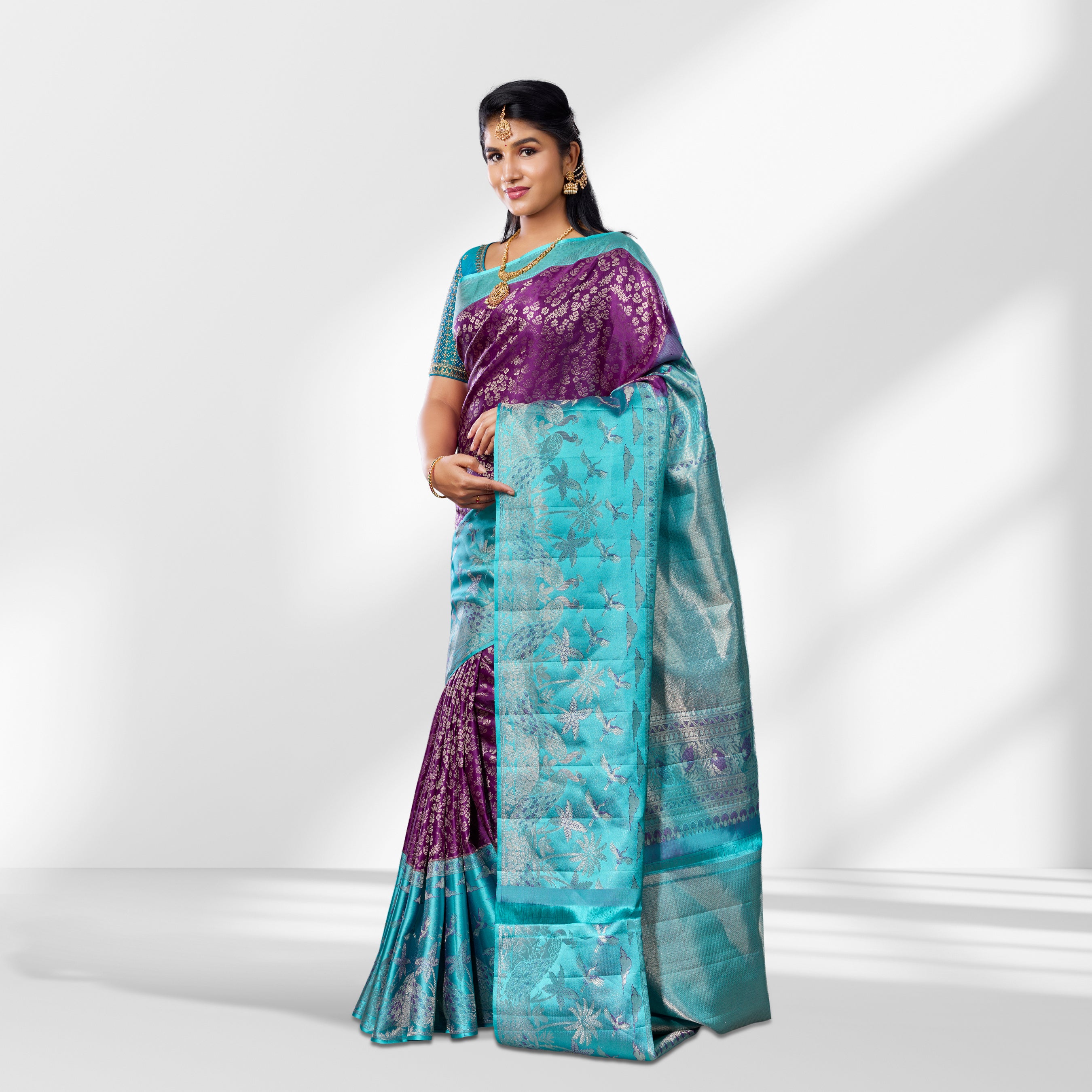Regal Purple & Aqua Blue Kanchipuram Silk Saree