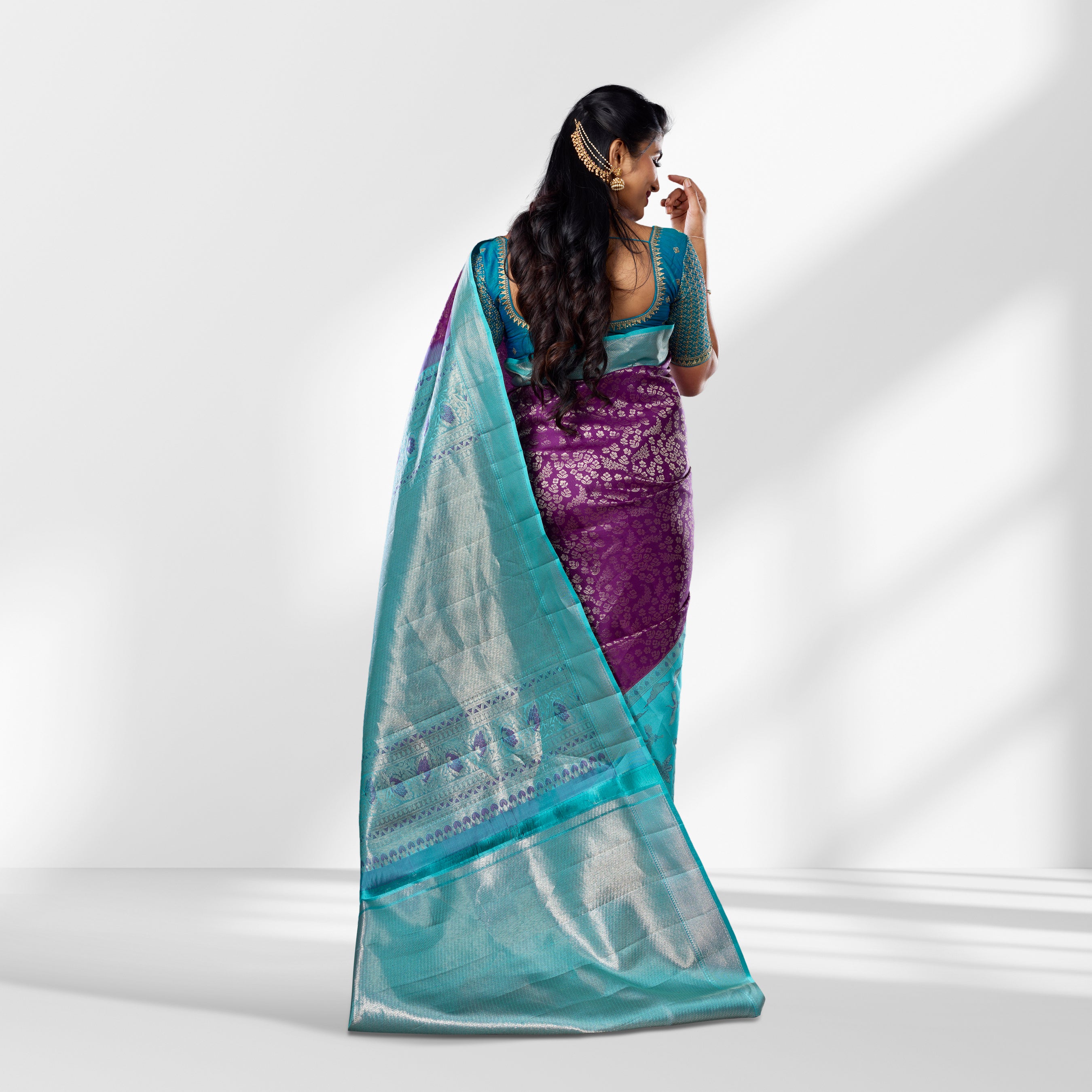 Regal Purple & Aqua Blue Kanchipuram Silk Saree