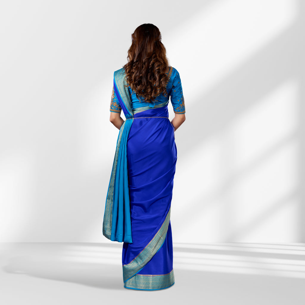 Mysore Silk Royal Blue & Aqua Contrast Saree with Zari Border