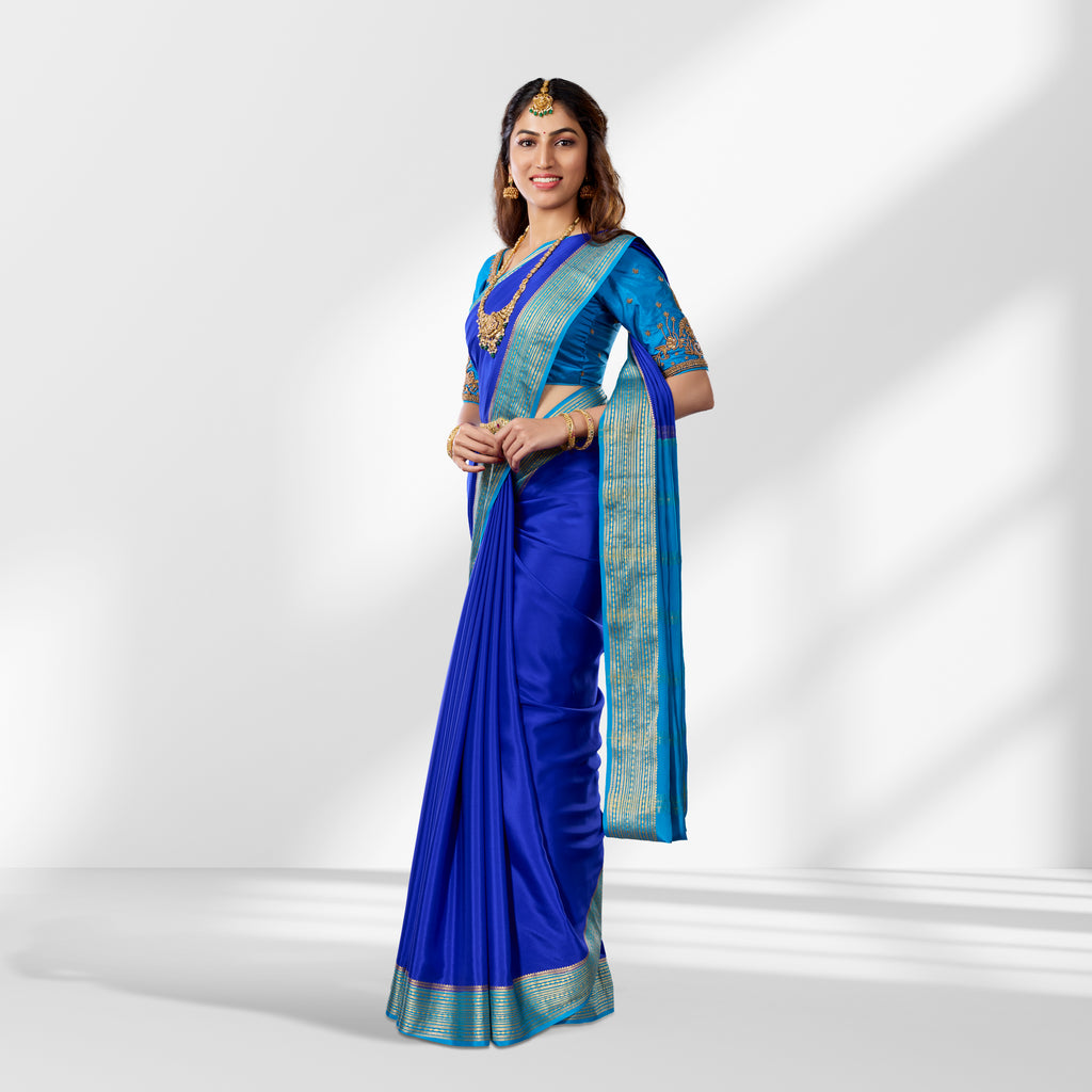 Mysore Silk Royal Blue & Aqua Contrast Saree with Zari Border
