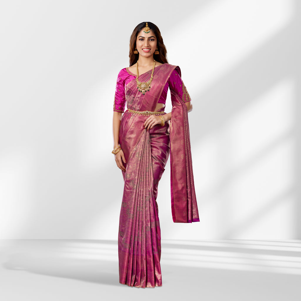 Magenta Pink Pure Kanchipuram Silk Saree with All-Over Zari Weaving and Rich Border