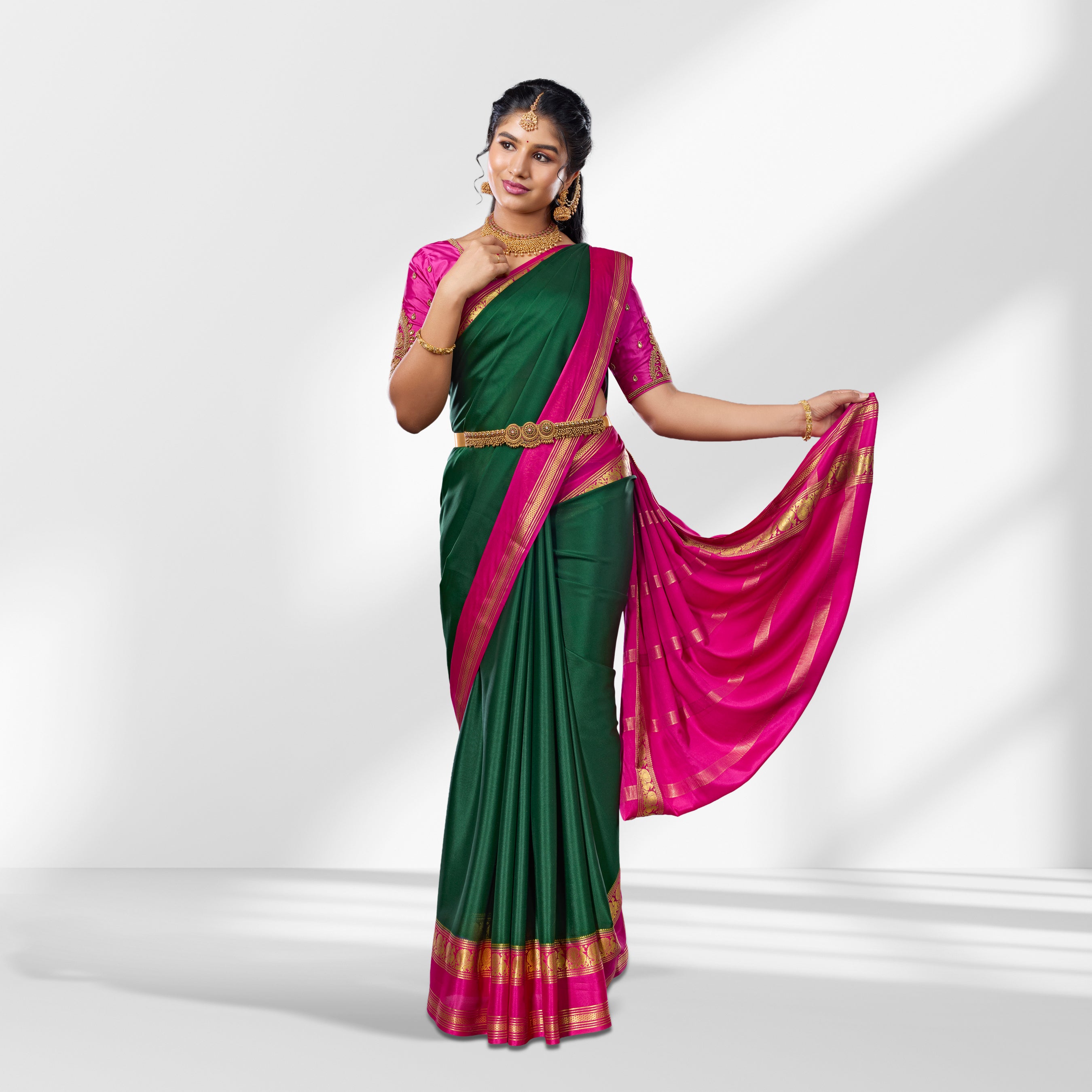 Bottle Green Mysore Silk Saree with Pink Contrast Border