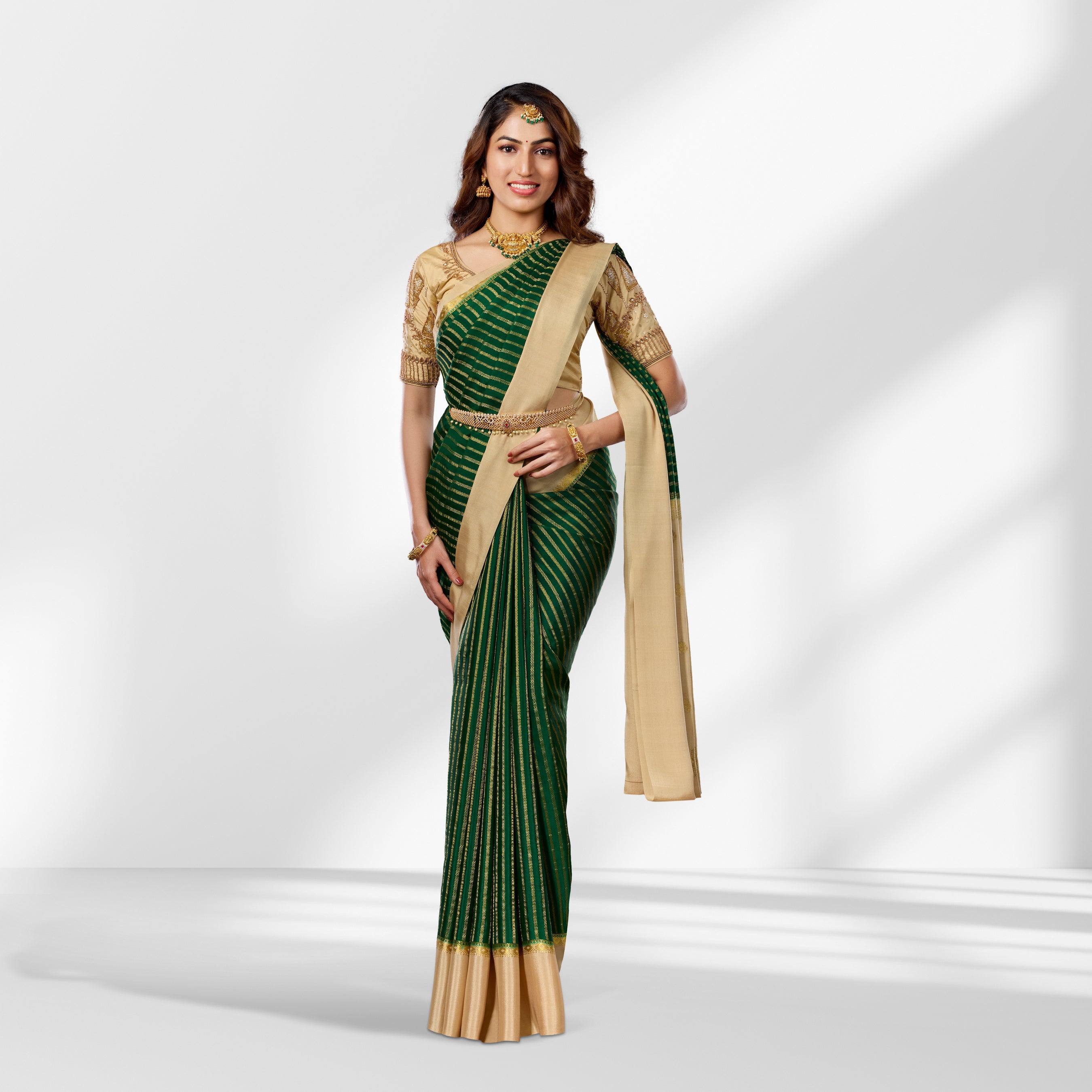 Mysore Silk Green & Gold Striped Saree with Rich Zari Pallu