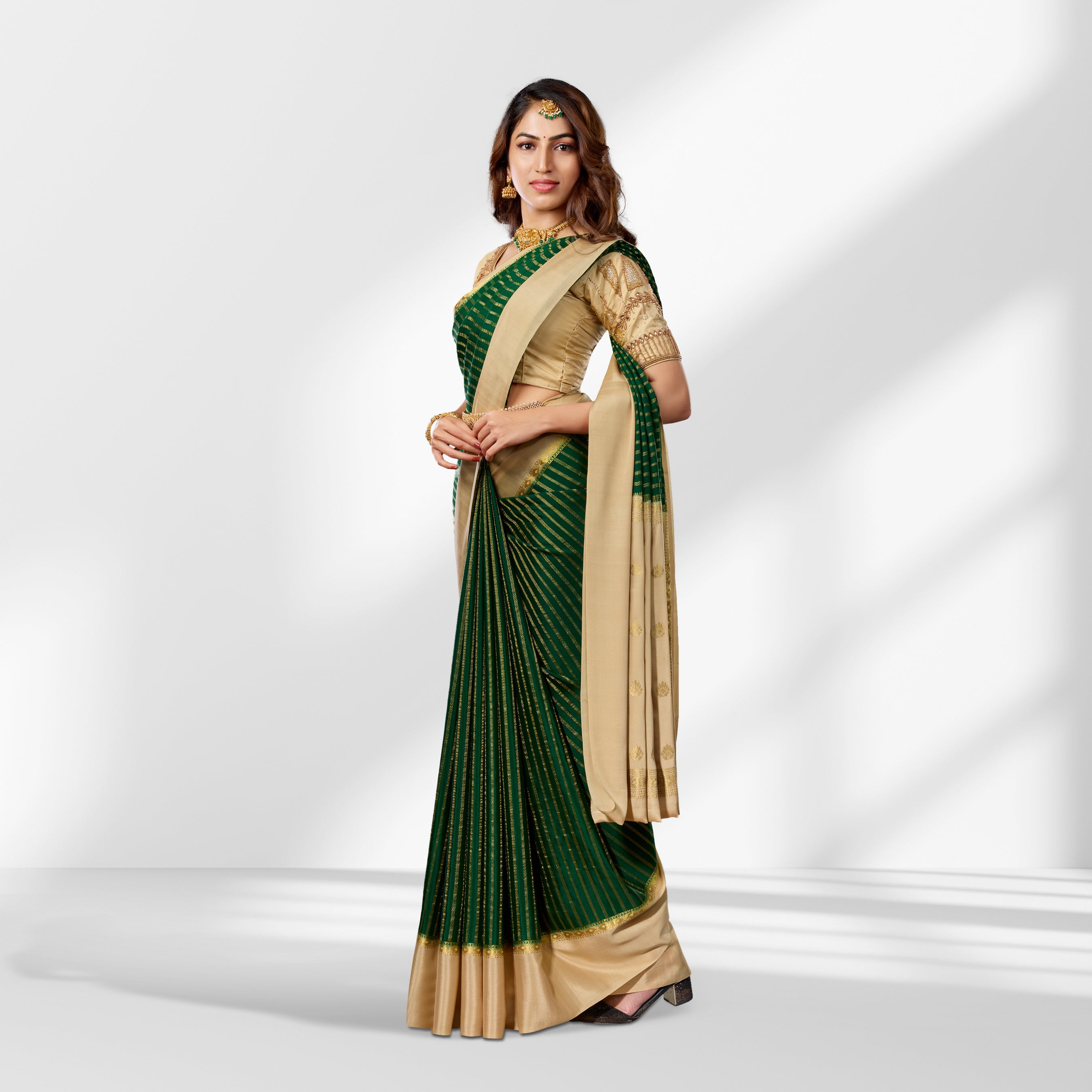 Mysore Silk Green & Gold Striped Saree with Rich Zari Pallu