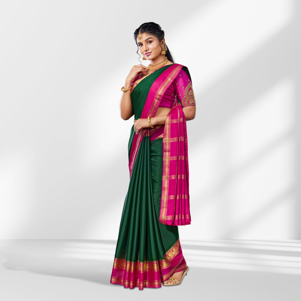 Bottle Green Mysore Silk Saree with Pink Contrast Border