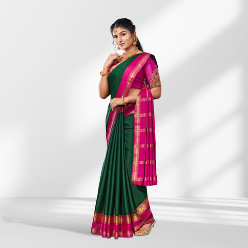 Bottle Green Mysore Silk Saree with Pink Contrast Border