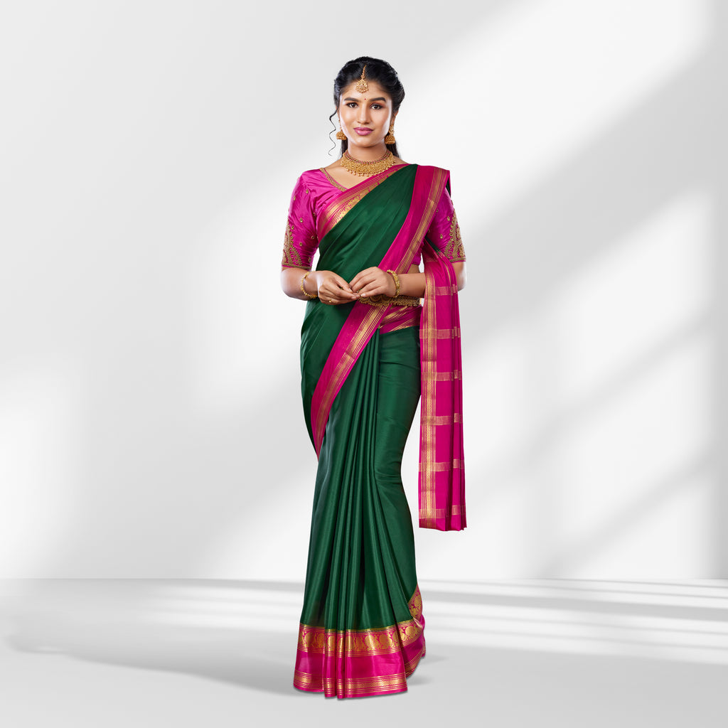 Bottle Green Mysore Silk Saree with Pink Contrast Border
