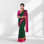 Bottle Green Mysore Silk Saree with Pink Contrast Border