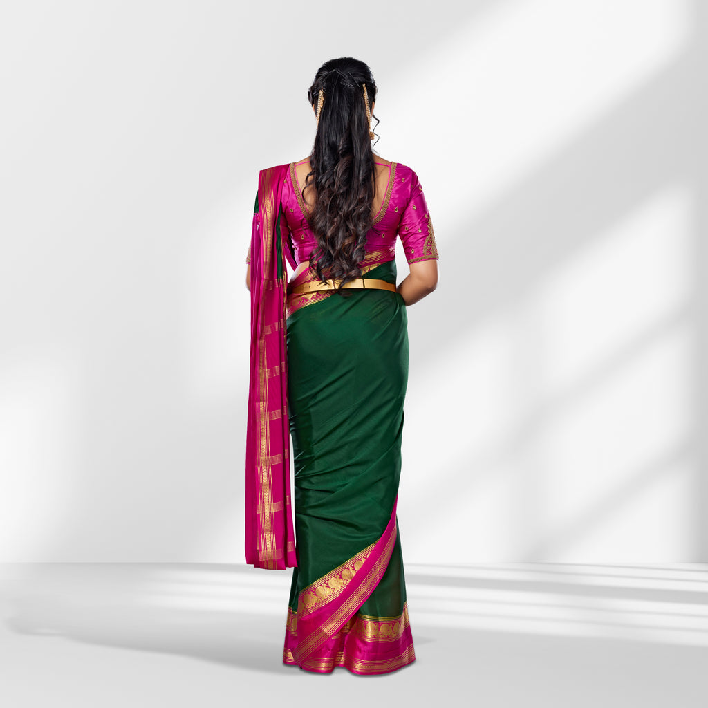 Bottle Green Mysore Silk Saree with Pink Contrast Border