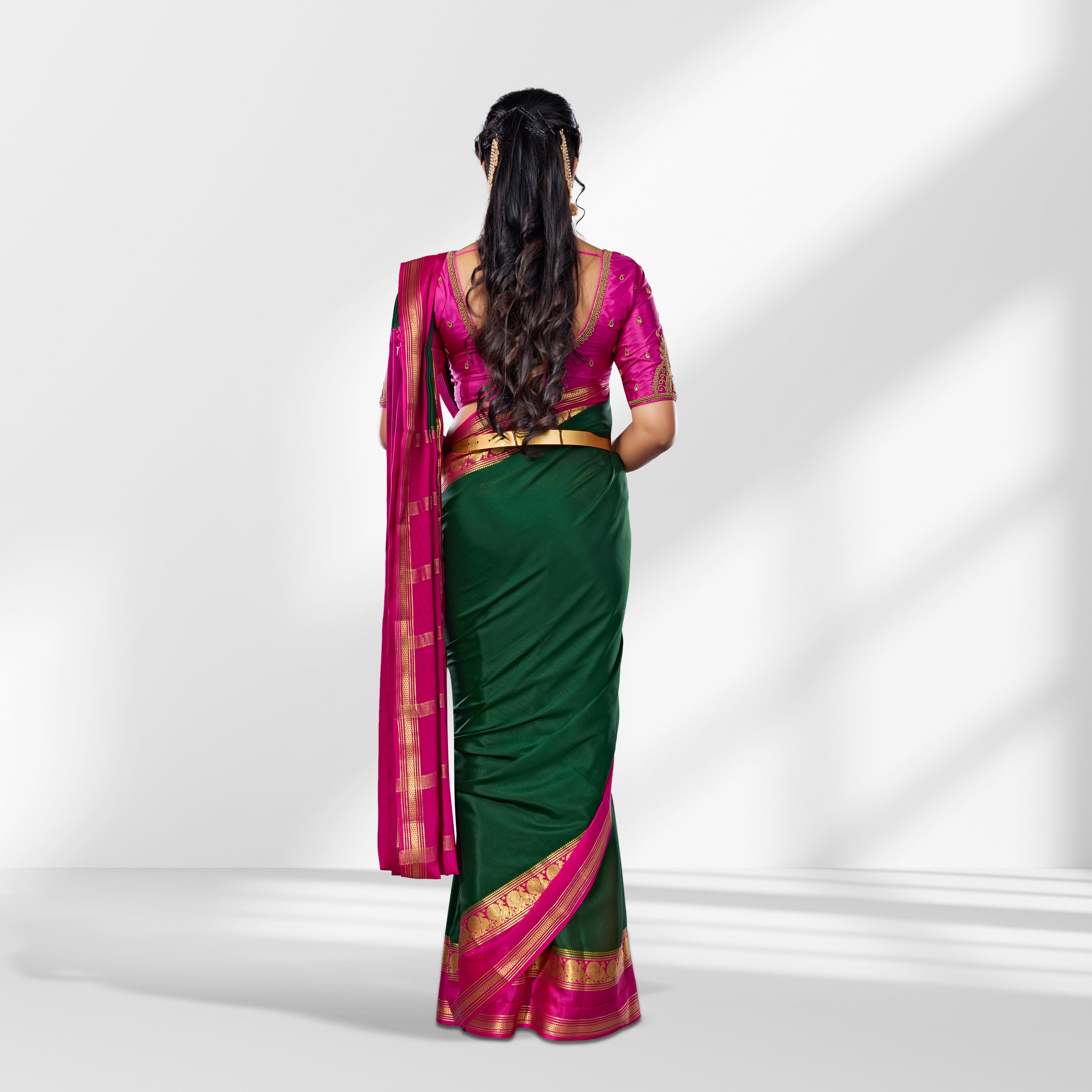 Bottle Green Mysore Silk Saree with Pink Contrast Border