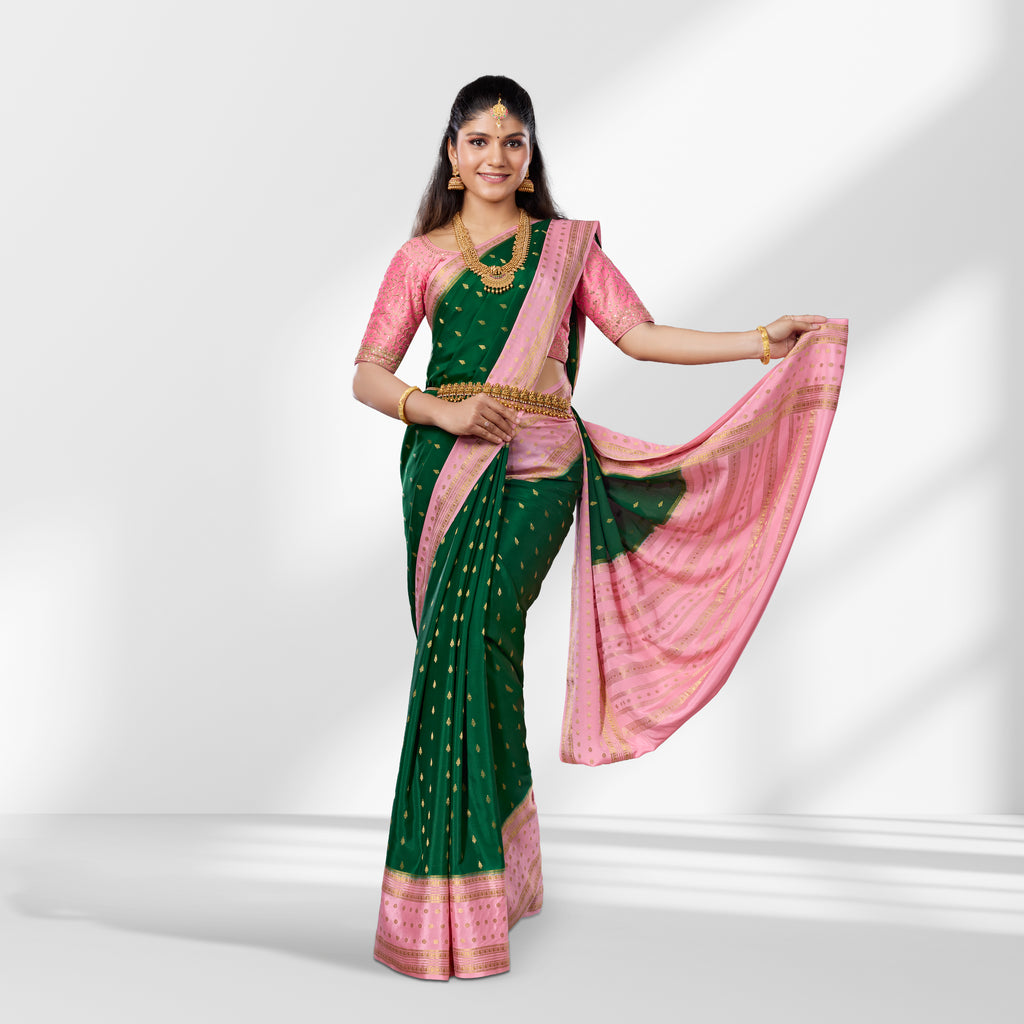 Elegant Green & Pink Mysore Silk Saree with Gold Zari Border
