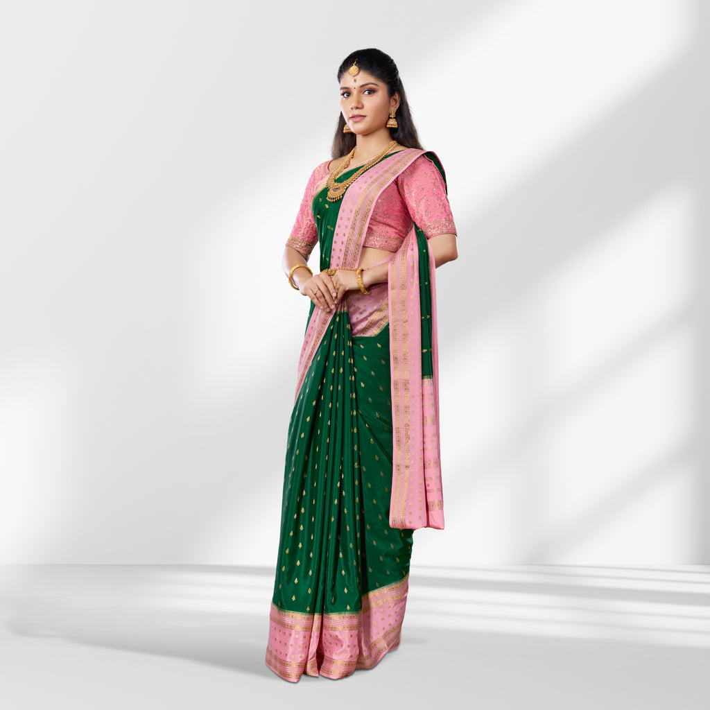Elegant Green & Pink Mysore Silk Saree with Gold Zari Border