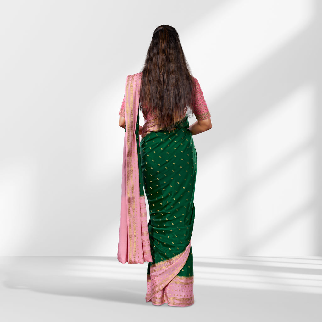 Elegant Green & Pink Mysore Silk Saree with Gold Zari Border