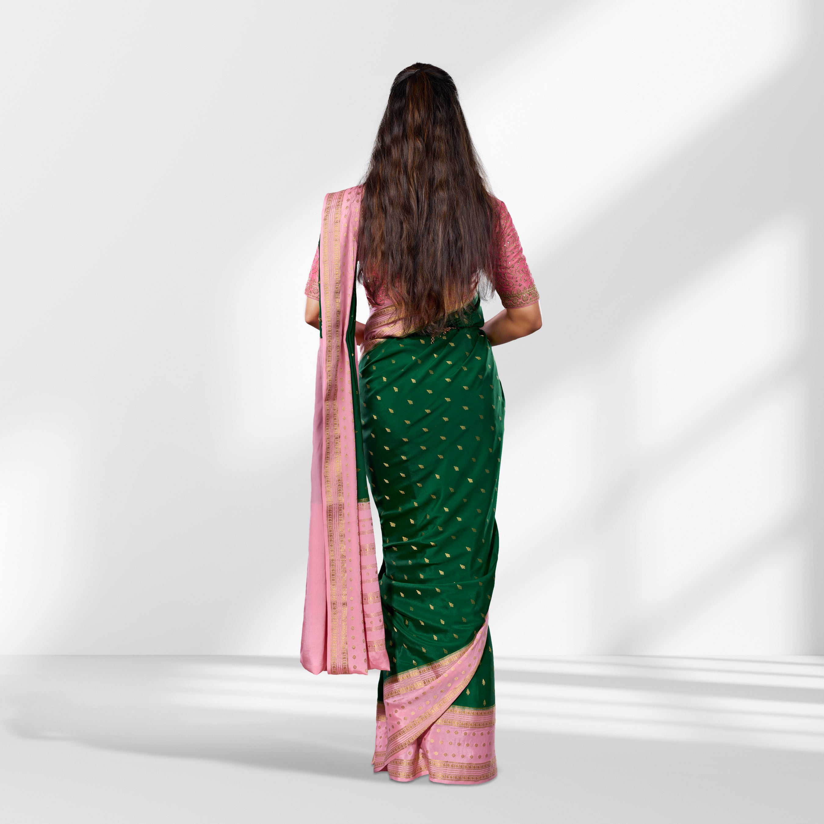 Elegant Green & Pink Mysore Silk Saree with Gold Zari Border