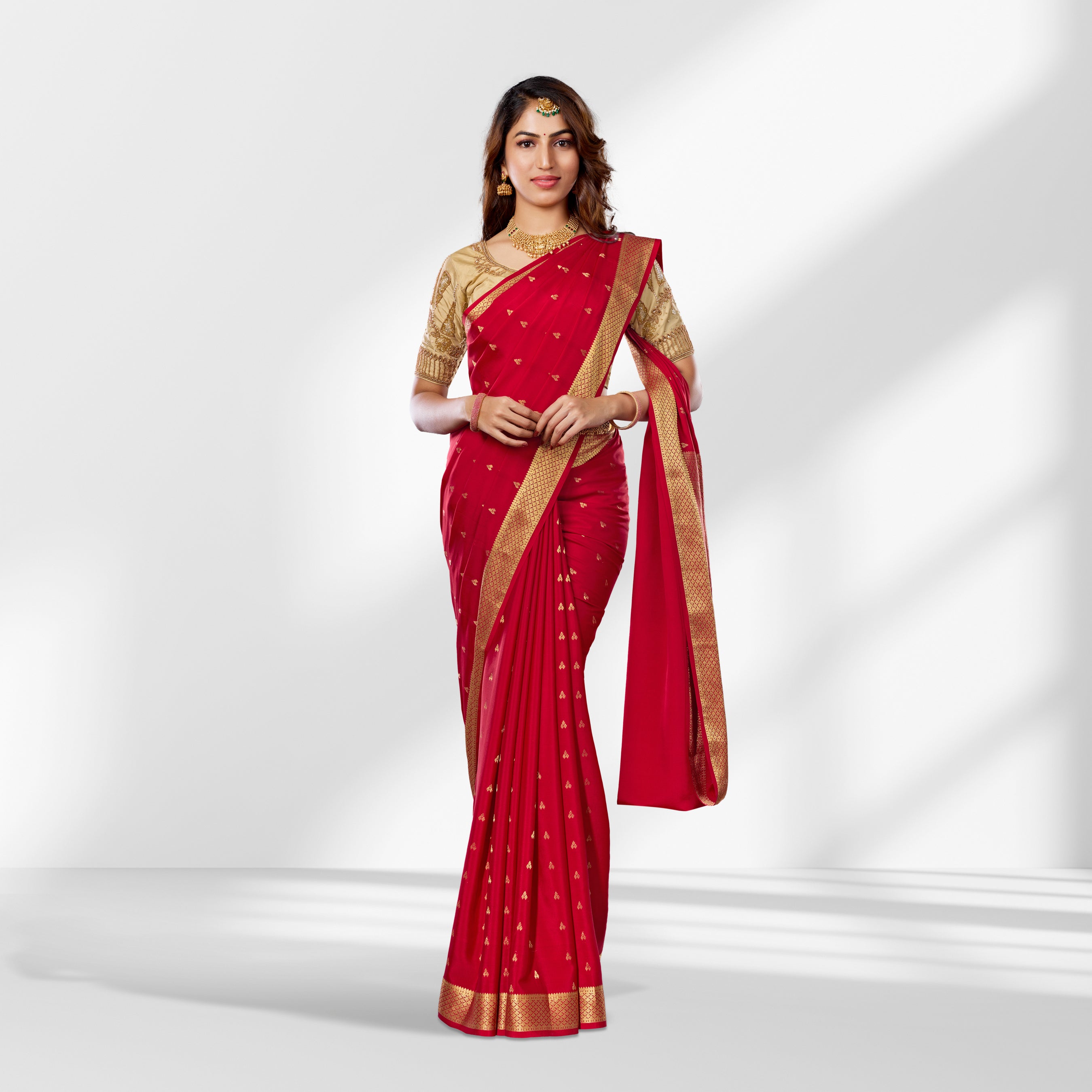 Classic Red Mysore Silk Saree with Rich Gold Zari Work