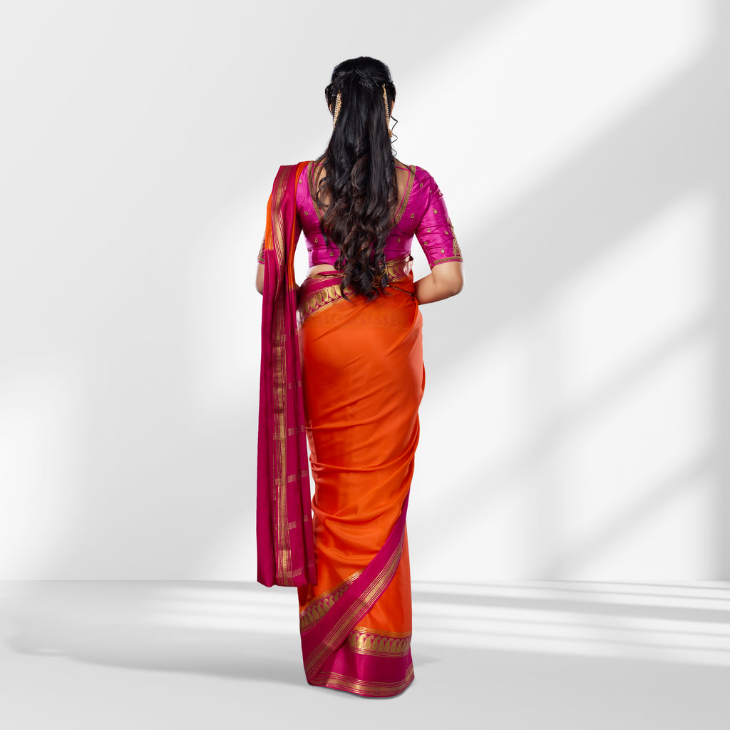 Vibrant Orange & Pink Mysore Silk Saree with Gold Zari Border