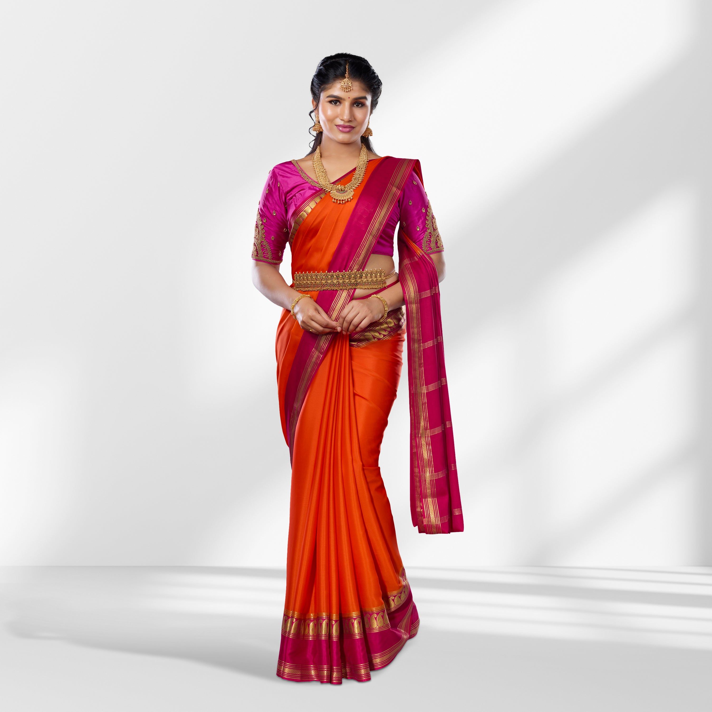 Vibrant Orange & Pink Mysore Silk Saree with Gold Zari Border
