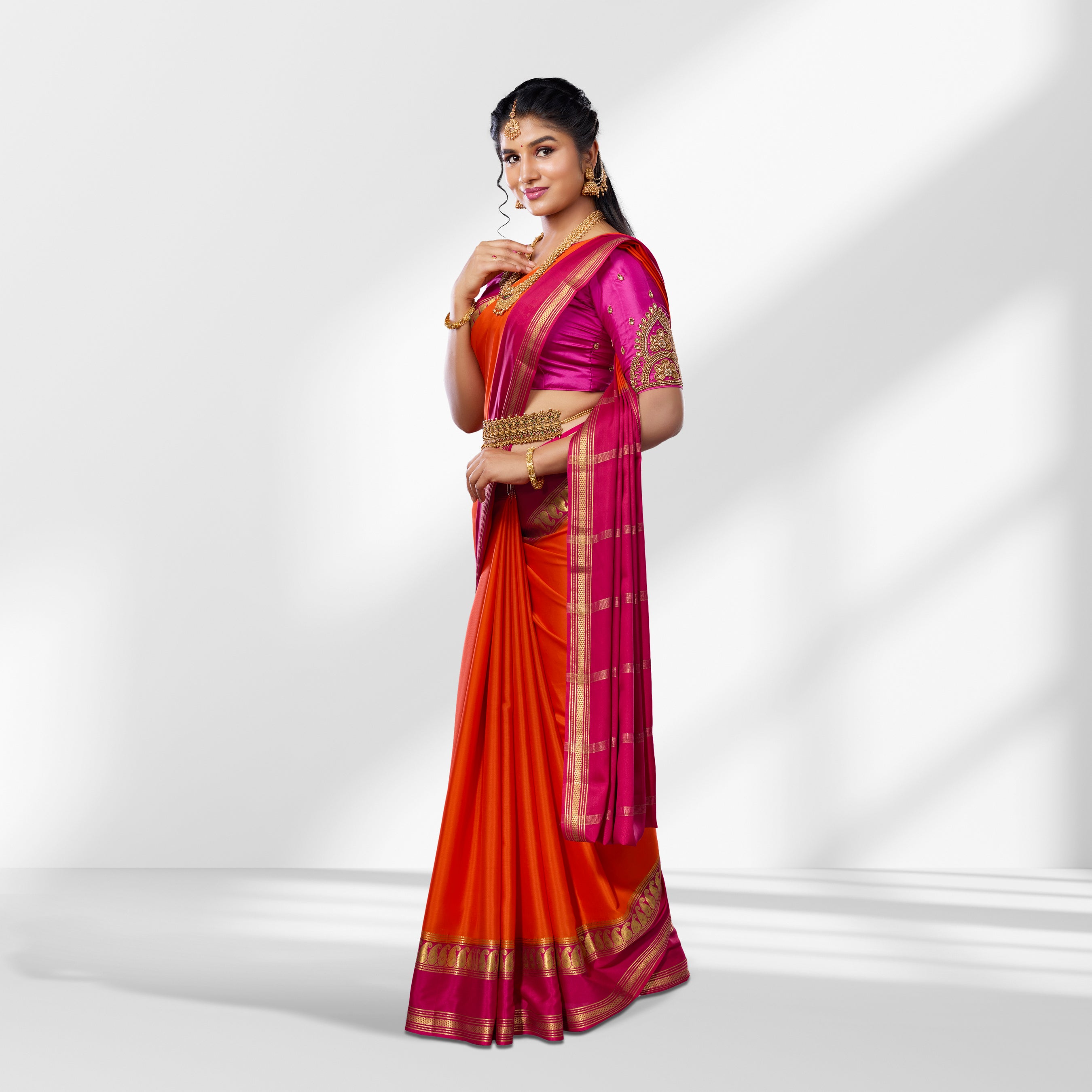 Vibrant Orange & Pink Mysore Silk Saree with Gold Zari Border