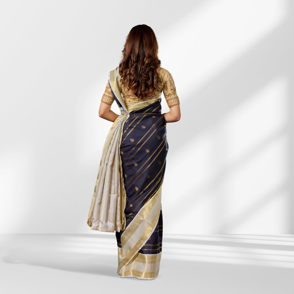 Classic Navy Blue & Gold Kanchipuram Silk Saree