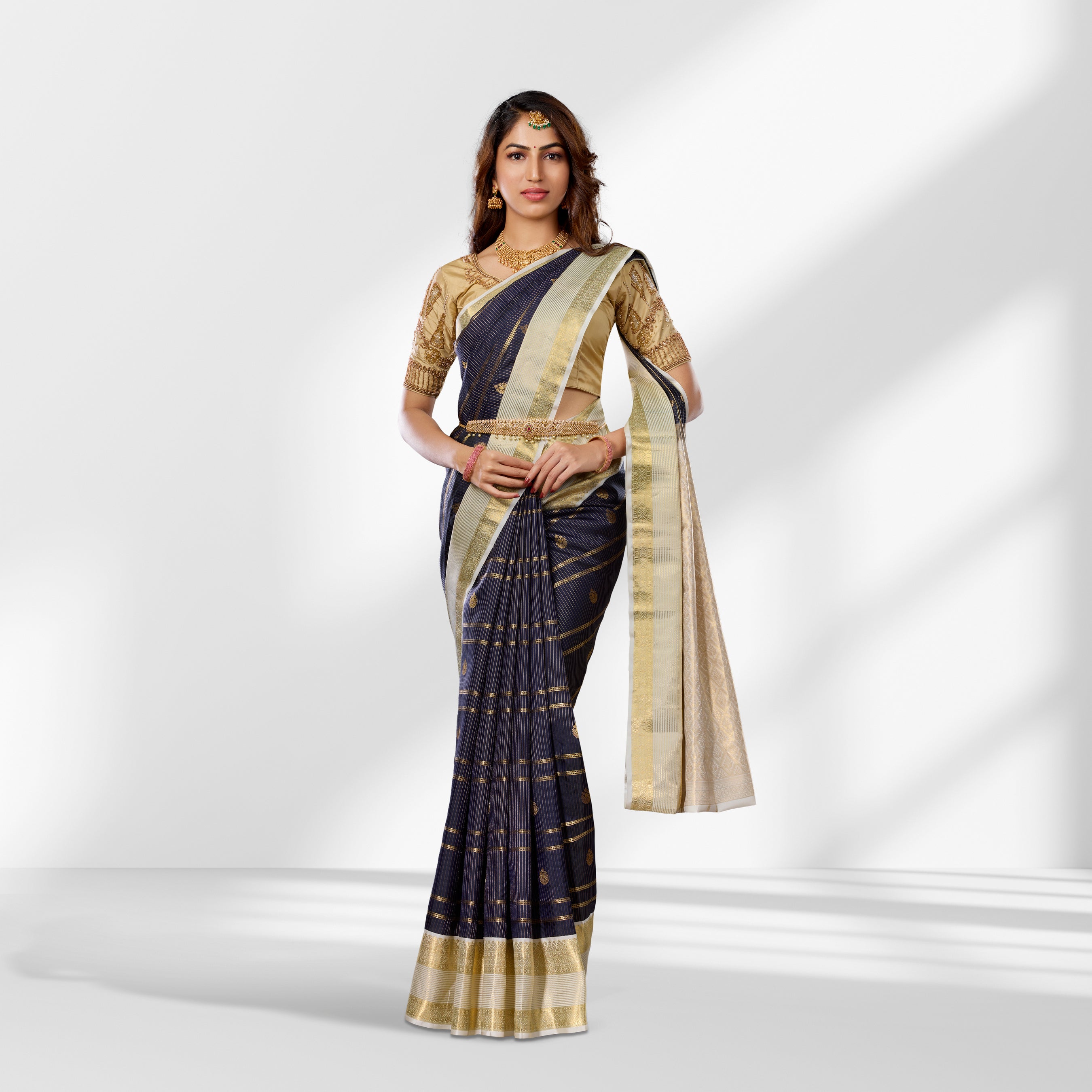 Classic Navy Blue & Gold Kanchipuram Silk Saree