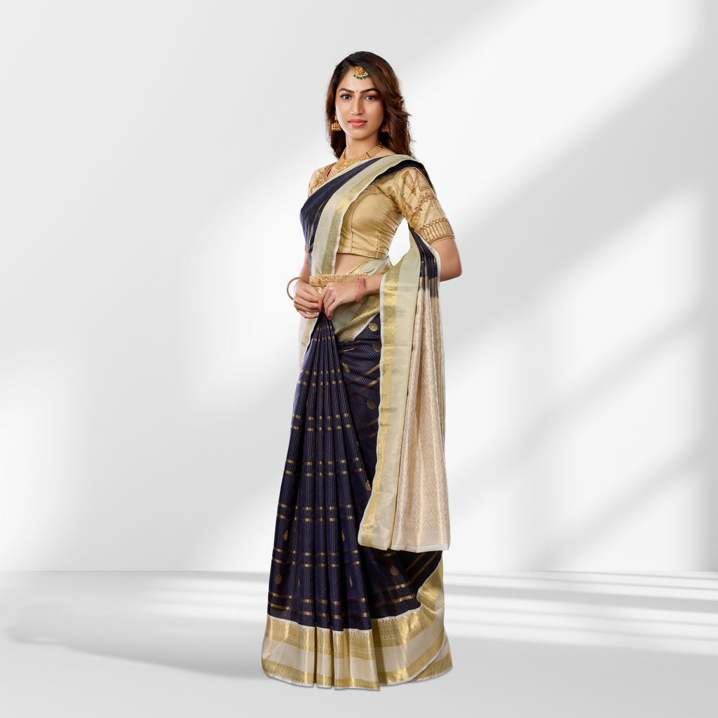 Classic Navy Blue & Gold Kanchipuram Silk Saree